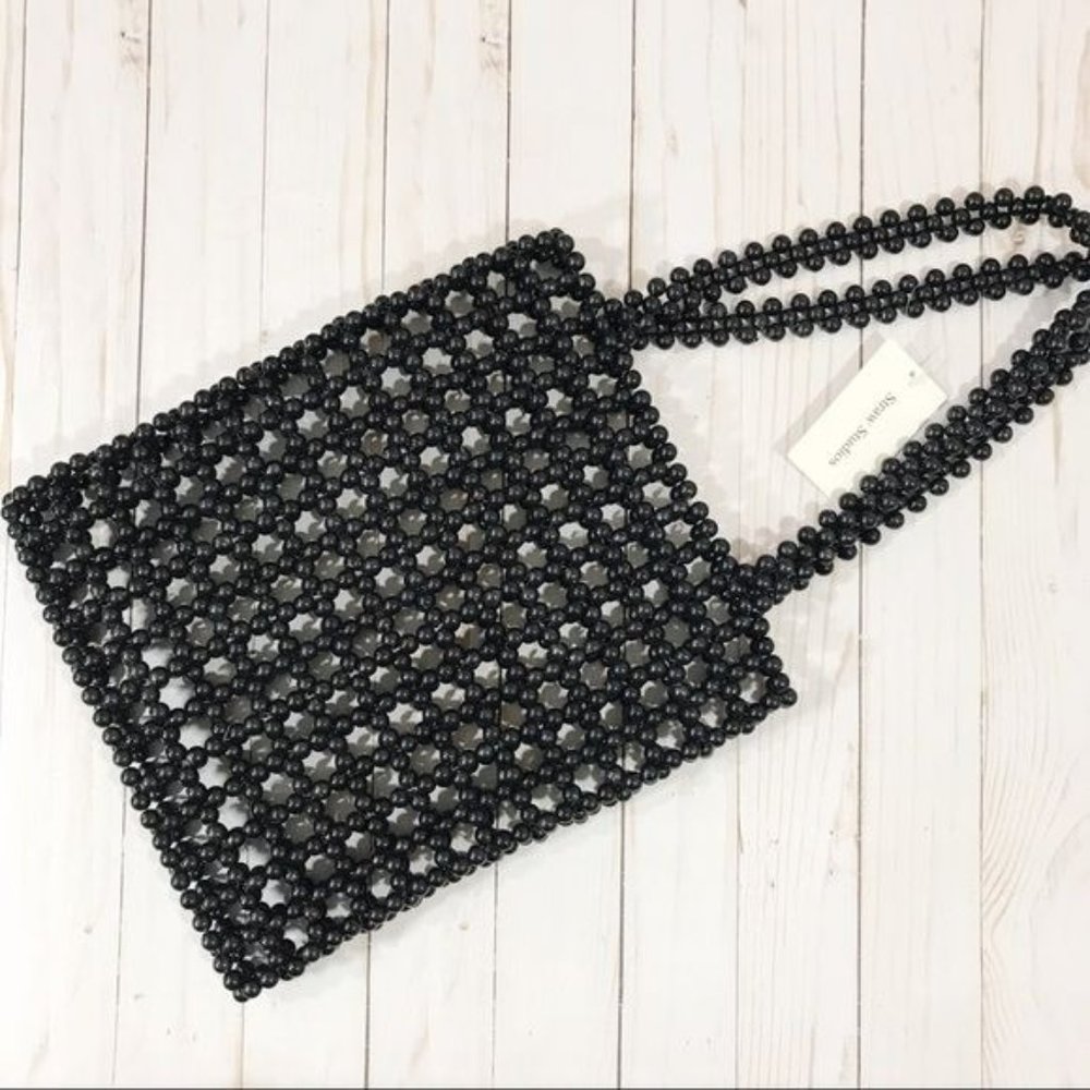 Straw Studios Black Beaded Tote Bag NWT